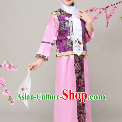 Traditional Chinese Qing Dynasty Court Princess Pink Costume, China Manchu Palace Lady Embroidered Clothing for Kids