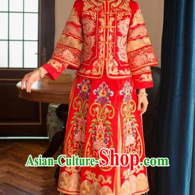 Chinese Traditional Wedding Xiuhe Suit Costume China Ancient Bride Cheongsam Embroidered Peony Toast Clothing for Women