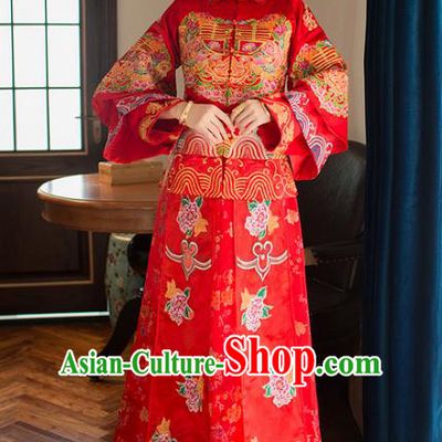 Chinese Traditional Bride Xiuhe Suit Costume China Ancient Wedding Cheongsam Embroidered Peony Clothing for Women