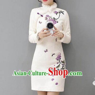 Traditional Chinese National Costume Hanfu White Embroidered Qipao Dress, China Tang Suit Cheongsam for Women
