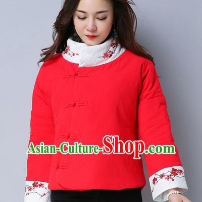 Traditional Chinese National Costume Hanfu Slant Opening Embroidered Cotton-padded Jacket, China Tang Suit Red Coat for Women