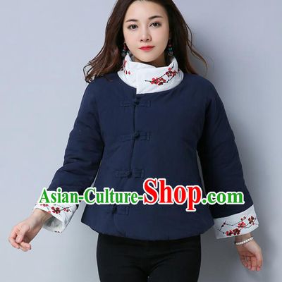 Traditional Chinese National Costume Hanfu Slant Opening Embroidered Cotton-padded Jacket, China Tang Suit Navy Coat for Women
