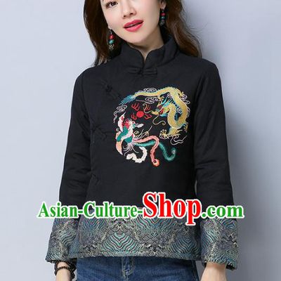 Traditional Chinese National Costume Hanfu Embroidered Dragons Black Cotton-padded Jacket, China Tang Suit Coat for Women