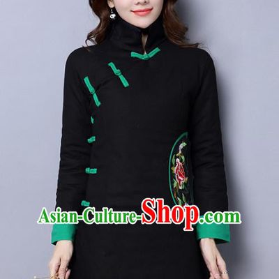Traditional Chinese National Costume Hanfu Embroidered Peony Cotton-padded Jacket, China Tang Suit Black Coat for Women
