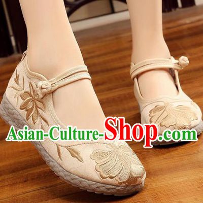 Asian Chinese Beige Cloth Embroidered Shoes, Traditional China Princess Shoes Hanfu Embroidery Shoes for Women