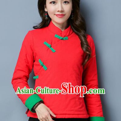 Traditional Chinese National Costume Hanfu Red Cotton-padded Jacket, China Tang Suit Coat for Women