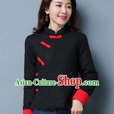 Traditional Chinese National Costume Hanfu Black Cotton-padded Jacket, China Tang Suit Coat for Women