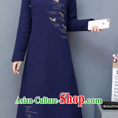 Traditional Chinese National Costume Hanfu Embroidered Navy Qipao, China Tang Suit Cheongsam Dress for Women