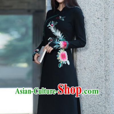Traditional Chinese National Costume Hanfu Embroidered Peony Black Qipao, China Tang Suit Cheongsam Dress for Women