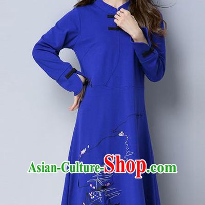 Traditional Chinese National Costume Hanfu Embroidered Blue Qipao Dress, China Tang Suit Cheongsam for Women