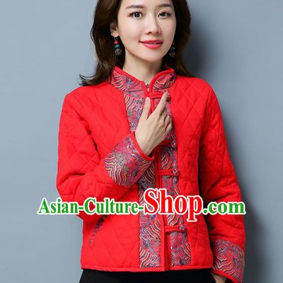 Traditional Chinese National Costume Hanfu Slant Opening Red Cotton-padded Jacket, China Tang Suit Coat for Women