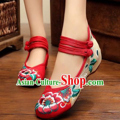 Asian Chinese National Red Embroidered Peony Shoes, Traditional China Princess Shoes Hanfu Embroidery Shoes for Women