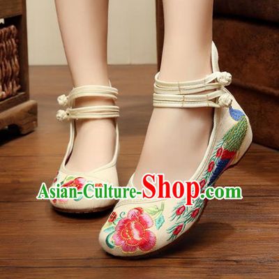Asian Chinese National Embroidered Peony Phoenix White Shoes, Traditional China Princess Shoes Hanfu Embroidery Shoes for Women