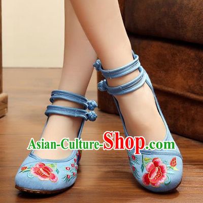Asian Chinese National Embroidered Peony Phoenix Blue Shoes, Traditional China Princess Shoes Hanfu Embroidery Shoes for Women