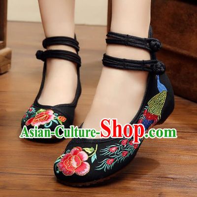 Asian Chinese National Embroidered Peony Phoenix Black Shoes, Traditional China Princess Shoes Hanfu Embroidery Shoes for Women