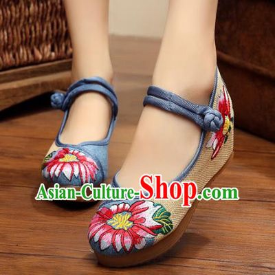 Asian Chinese National Blue Linen Embroidered Shoes, Traditional China Princess Shoes Hanfu Embroidery Shoes for Women