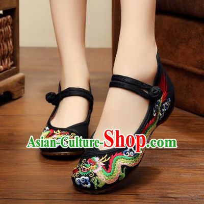 Traditional Chinese National Black Satin Embroidered Lotus Shoes, China Princess Shoes Hanfu Embroidery Dragons Shoes for Women