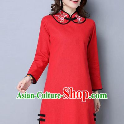 Traditional Chinese National Costume Hanfu Red Embroidered Qipao Dress, China Tang Suit Cheongsam for Women