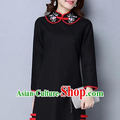 Traditional Chinese National Costume Hanfu Black Embroidered Qipao Dress, China Tang Suit Cheongsam for Women