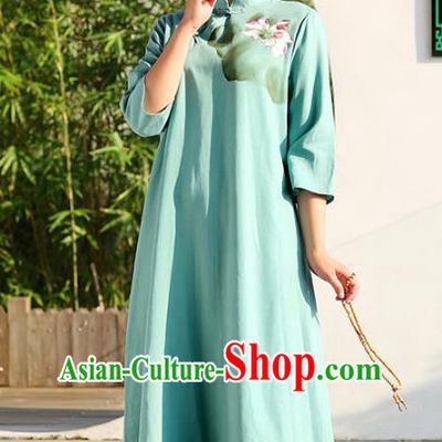Traditional Chinese National Costume Hanfu Painting Lotus Green Qipao Dress, China Tang Suit Cheongsam for Women