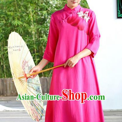 Traditional Chinese National Costume Hanfu Painting Lotus Rosy Qipao Dress, China Tang Suit Cheongsam for Women