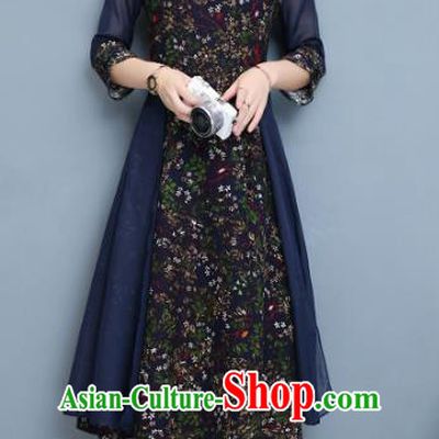 Traditional Chinese National Costume Hanfu Blue Stand Collar Qipao Dress, China Tang Suit Cheongsam for Women