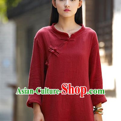Traditional Chinese National Costume Hanfu Linen Red Blouse, China Tang Suit Cheongsam Upper Outer Garment Shirt for Women