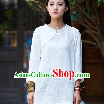 Traditional Chinese National Costume Hanfu Linen White Blouse, China Tang Suit Cheongsam Upper Outer Garment Shirt for Women