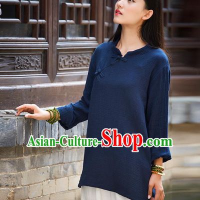 Traditional Chinese National Costume Hanfu Linen Navy Blouse, China Tang Suit Cheongsam Upper Outer Garment Shirt for Women