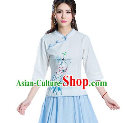 Traditional Chinese National Costume Hanfu Painting Lotus Blouse, China Tang Suit Cheongsam Upper Outer Garment Shirt for Women