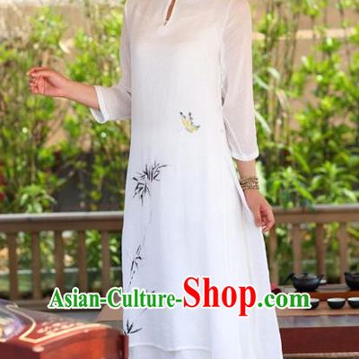 Traditional Chinese National Costume Hanfu Ink Painting White Qipao Dress, China Tang Suit Cheongsam for Women