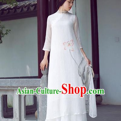 Traditional Chinese National Costume Hanfu Ink Painting Lotus White Qipao Dress, China Tang Suit Cheongsam for Women