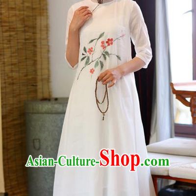 Traditional Chinese National Costume Hanfu Painting Flowers White Linen Qipao Dress, China Tang Suit Cheongsam for Women