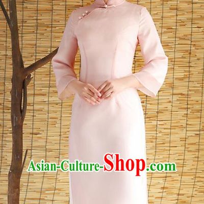 Traditional Chinese National Costume Hanfu Pink Stand Collar Qipao Dress, China Tang Suit Cheongsam for Women