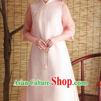 Traditional Chinese National Costume Hanfu Slant Opening Pink Qipao Dress, China Tang Suit Cheongsam for Women