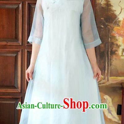 Traditional Chinese National Costume Hanfu Slant Opening Blue Qipao Dress, China Tang Suit Cheongsam for Women