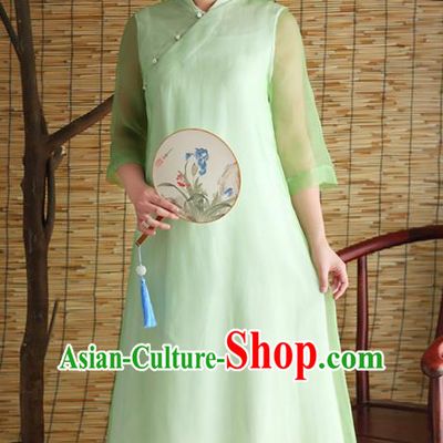 Traditional Chinese National Costume Hanfu Slant Opening Green Qipao Dress, China Tang Suit Cheongsam for Women