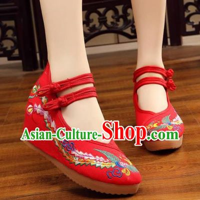 Traditional Chinese National Hanfu Wedding Red Embroidered Shoes, China Princess Embroidery Phoenix Shoes for Women