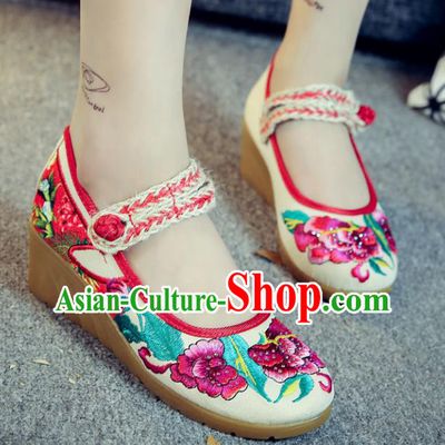 Traditional Chinese National Hanfu White Linen Embroidered Shoes, China Princess Embroidery Peony Shoes for Women