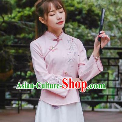 Traditional Chinese National Costume Hanfu Pink Embroidered Qipao Blouse, China Tang Suit Cheongsam Upper Outer Garment Shirt for Women
