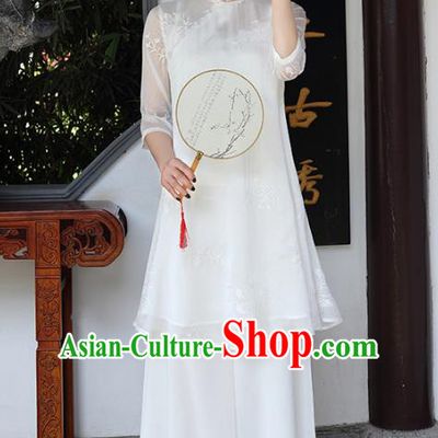 Traditional Chinese National Costume Hanfu White Embroidered Qipao Dress, China Tang Suit Cheongsam for Women