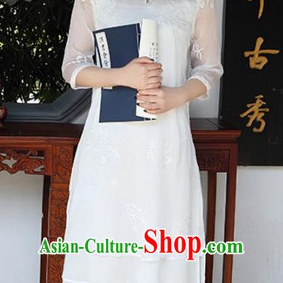 Traditional Chinese National Costume Hanfu White Qipao Dress, China Tang Suit Embroidered Cheongsam for Women