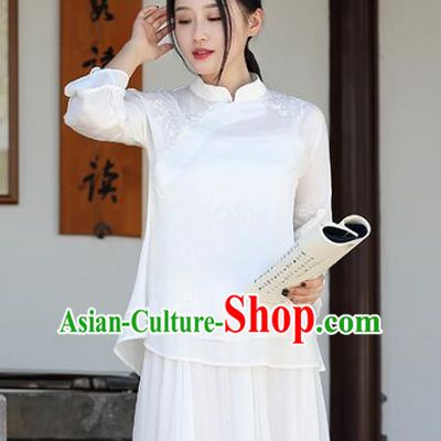 Traditional Chinese National Costume Hanfu White Embroidery Qipao Blouse, China Tang Suit Cheongsam Upper Outer Garment Shirt for Women
