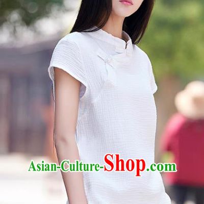 Traditional Chinese National Costume Hanfu White Qipao Blouse, China Tang Suit Cheongsam Upper Outer Garment Shirt for Women