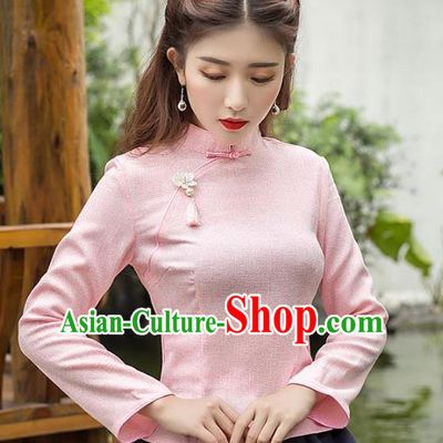 Traditional Chinese National Costume Hanfu Slant Opening Pink Cheongsam Blouse, China Tang Suit Upper Outer Garment Shirt for Women