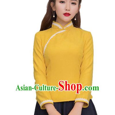 Traditional Chinese National Costume Hanfu Yellow Blouse, China Tang Suit Cheongsam Upper Outer Garment Shirt for Women