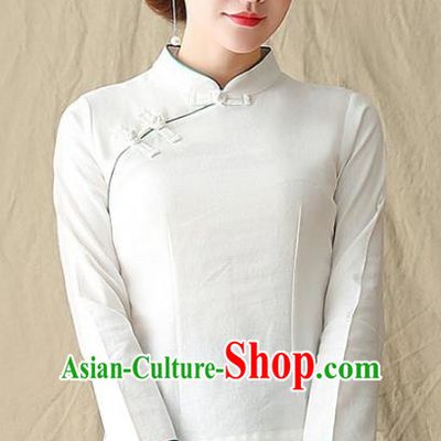 Traditional Chinese National Costume Hanfu Plated Buttons Shirts, China Tang Suit Cheongsam Upper Outer Garment White Blouse for Women