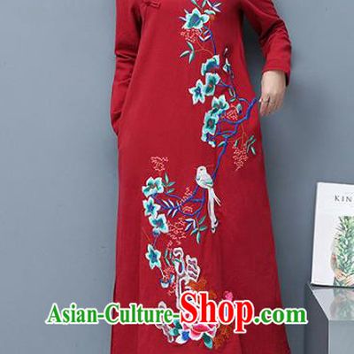 Traditional Chinese National Costume Hanfu Red Embroidered Qipao Dress, China Tang Suit Cheongsam for Women