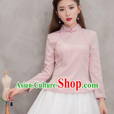 Traditional Chinese National Costume Hanfu Pink Stand Collar Blouse, China Tang Suit Cheongsam Upper Outer Garment Shirt for Women