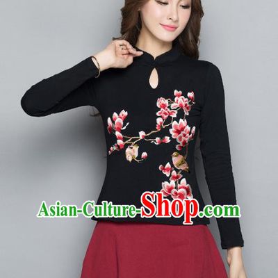 Traditional Chinese National Costume Hanfu Embroidered Magnolia Black Blouse, China Tang Suit Cheongsam Upper Outer Garment Shirt for Women